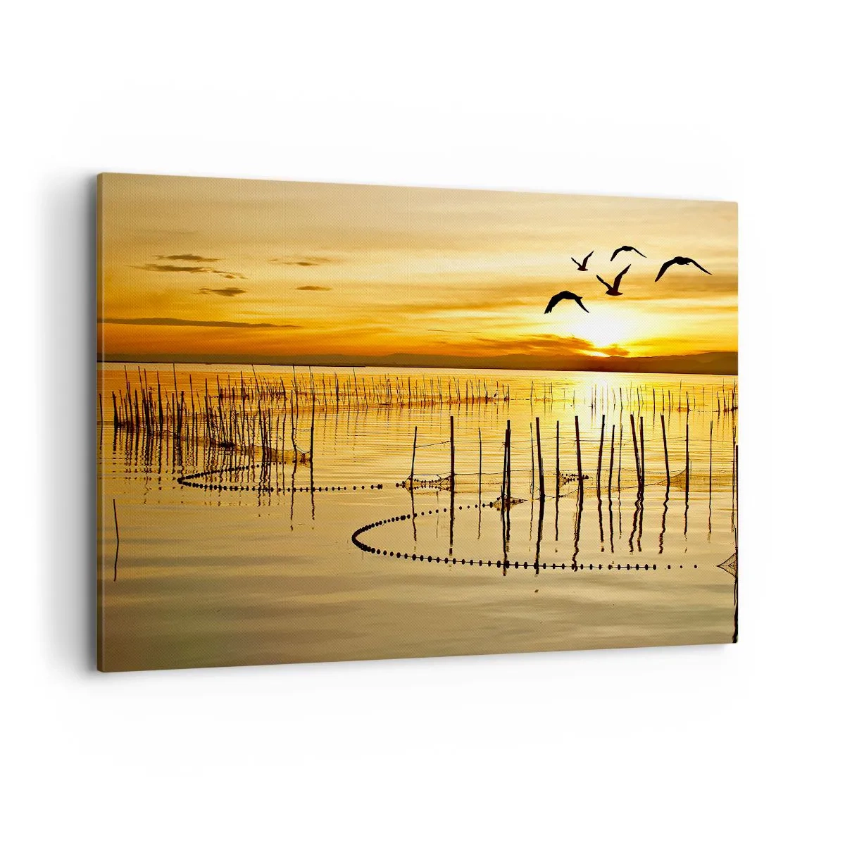 Impression sur toile - Image sur toile - Coucher de soleil sur l'eau avec des oiseaux en vol - 120x80cm - À la pêche - Décoration murale moderne pour le salon et la chambre ARTTOR
