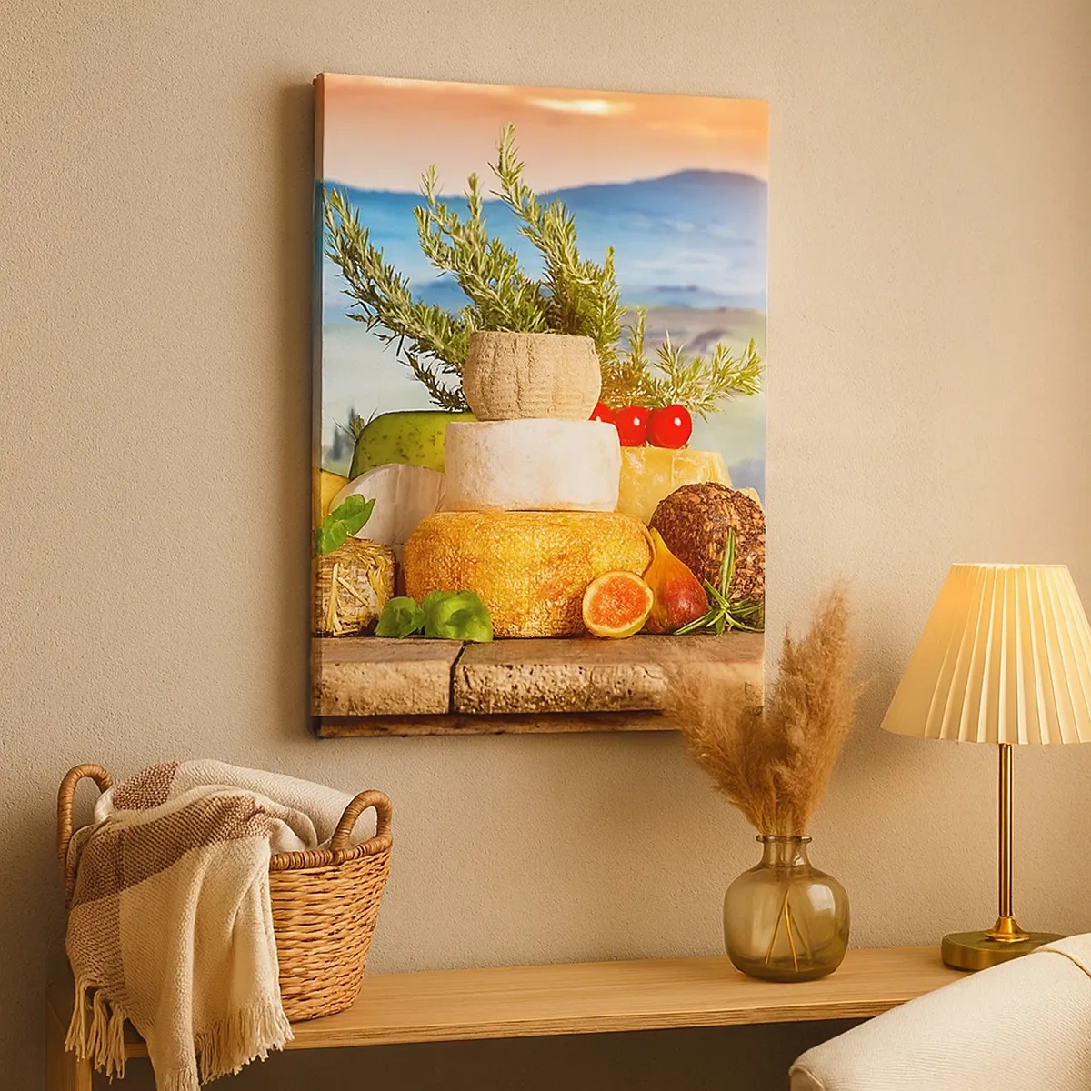 Impression sur toile - Image sur toile - Une composition de fromages et de fruits sur fond de paysage toscan - 50x70cm - La joie de vivre à l'italienne - Décoration murale moderne pour le salon et la chambre ARTTOR