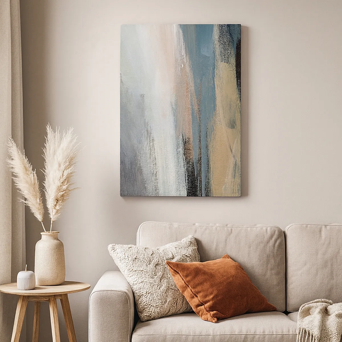 Impression sur toile - Image sur toile - Paysage abstrait dans des tons sobres de bleu et de beige - 50x70cm - Abstraction : paysage nordique - Décoration murale moderne pour le salon et la chambre ARTTOR