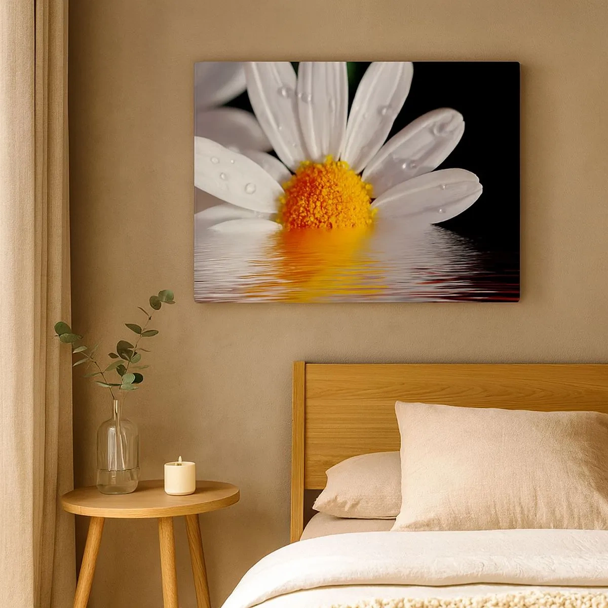 Impression sur toile - Image sur toile - Une marguerite blanche avec des gouttes d'eau immergées dans un reflet d'eau - 70x50cm - Le soleil levant des marguerites - Décoration murale moderne pour le salon et la chambre ARTTOR