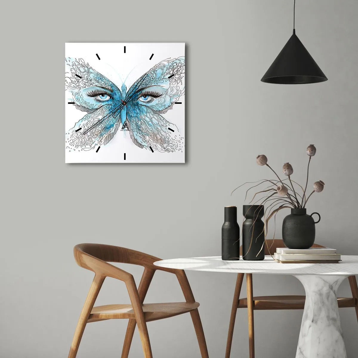 Horloge murale - Pendule murale - Aquarelle artistique d'un papillon aux yeux bleus - 30x30cm - Mésange bleue Eros - Décoration murale moderne pour le salon et la chambre ARTTOR