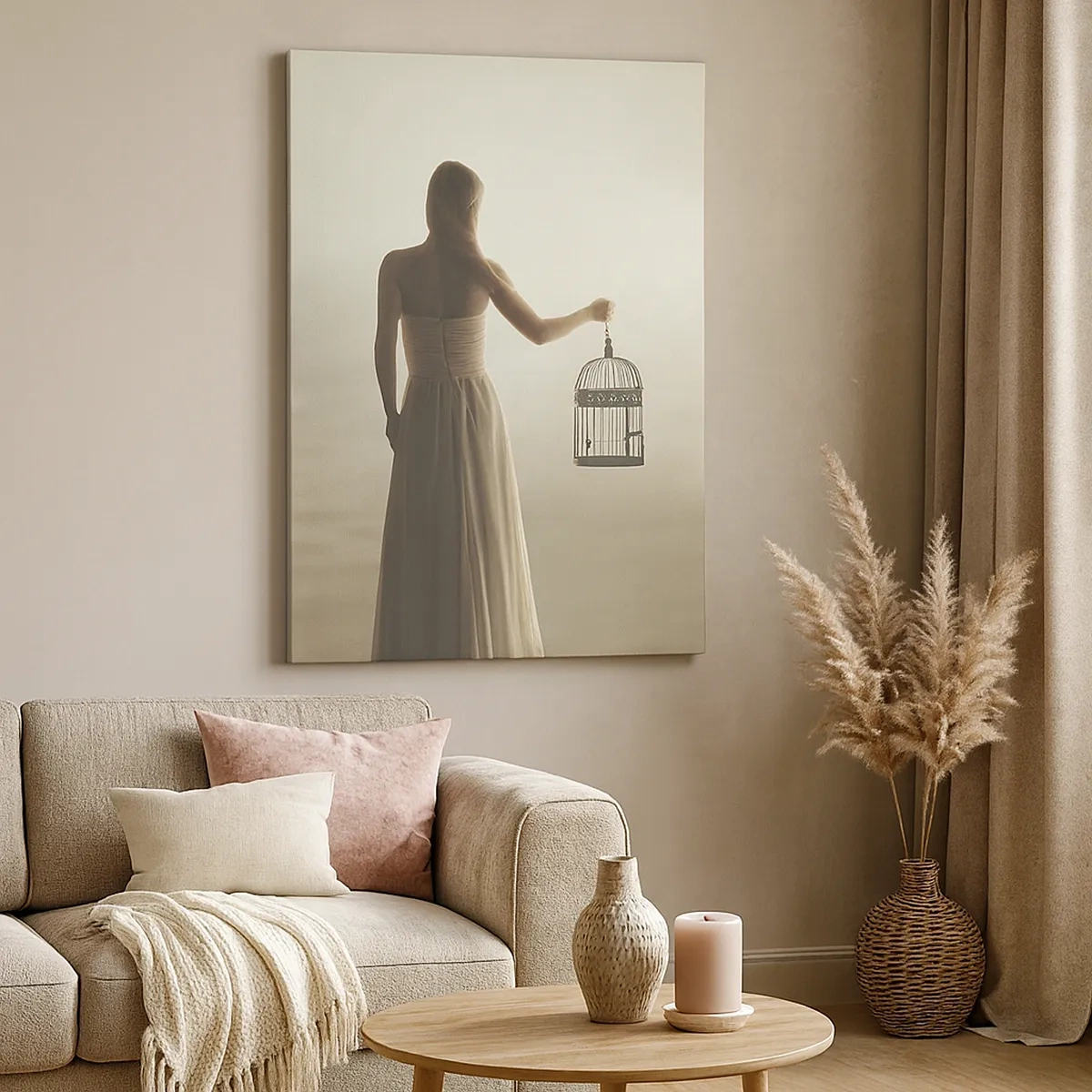 Impression sur toile - Image sur toile - Une femme avec une cage contre un ciel calme - 50x70cm - Soi libre - Décoration murale moderne pour le salon et la chambre ARTTOR