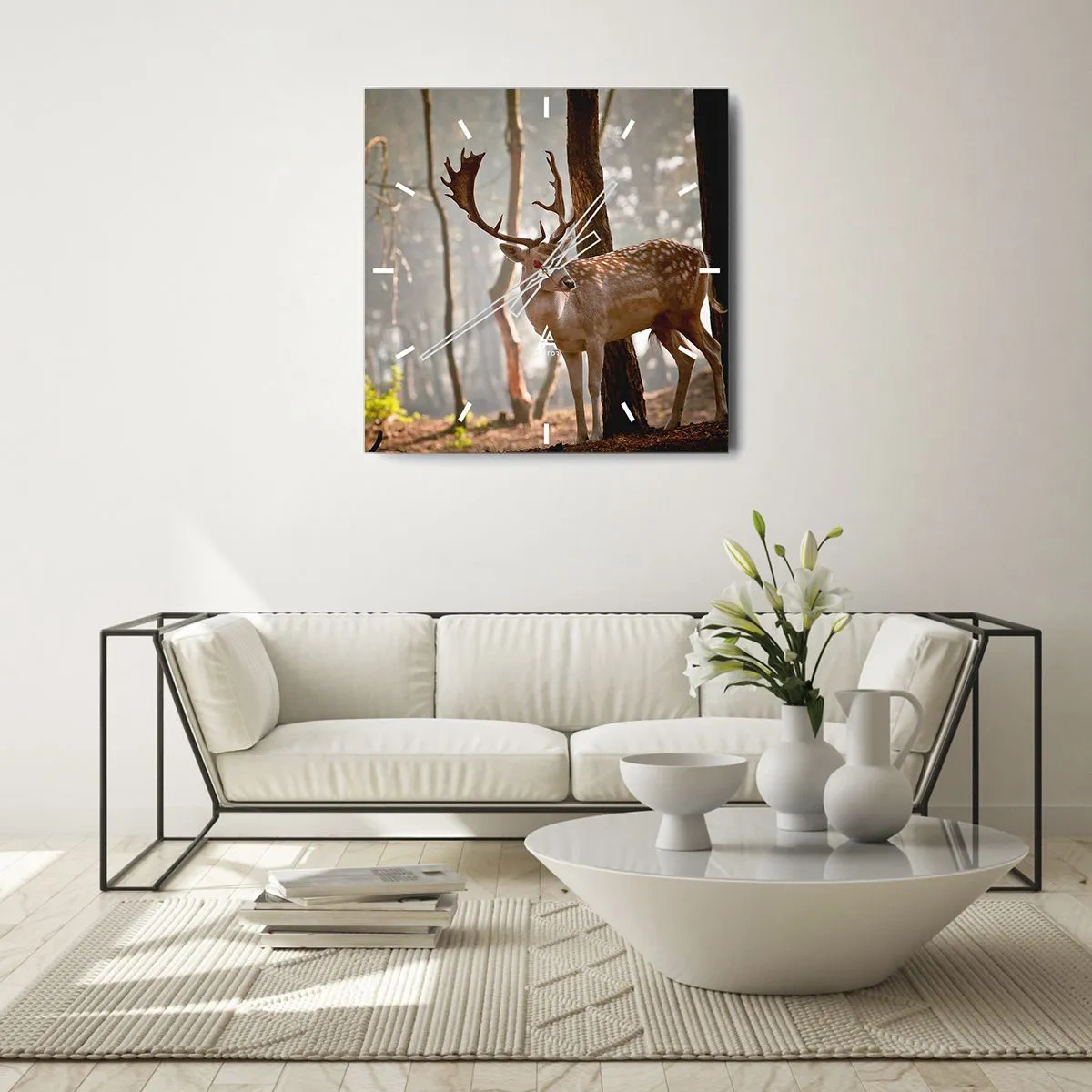 Horloge murale - Pendule murale - Cerf dans la forêt dans le brouillard du matin - 30x30cm - La lumière de la jeunesse - Décoration murale moderne pour le salon et la chambre ARTTOR