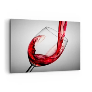 Impression sur toile - Image sur toile - Un verre de vin rouge versé sur un fond clair - 100x70cm - Nuance - mouvement - son - Décoration murale moderne pour le salon et la chambre ARTTOR