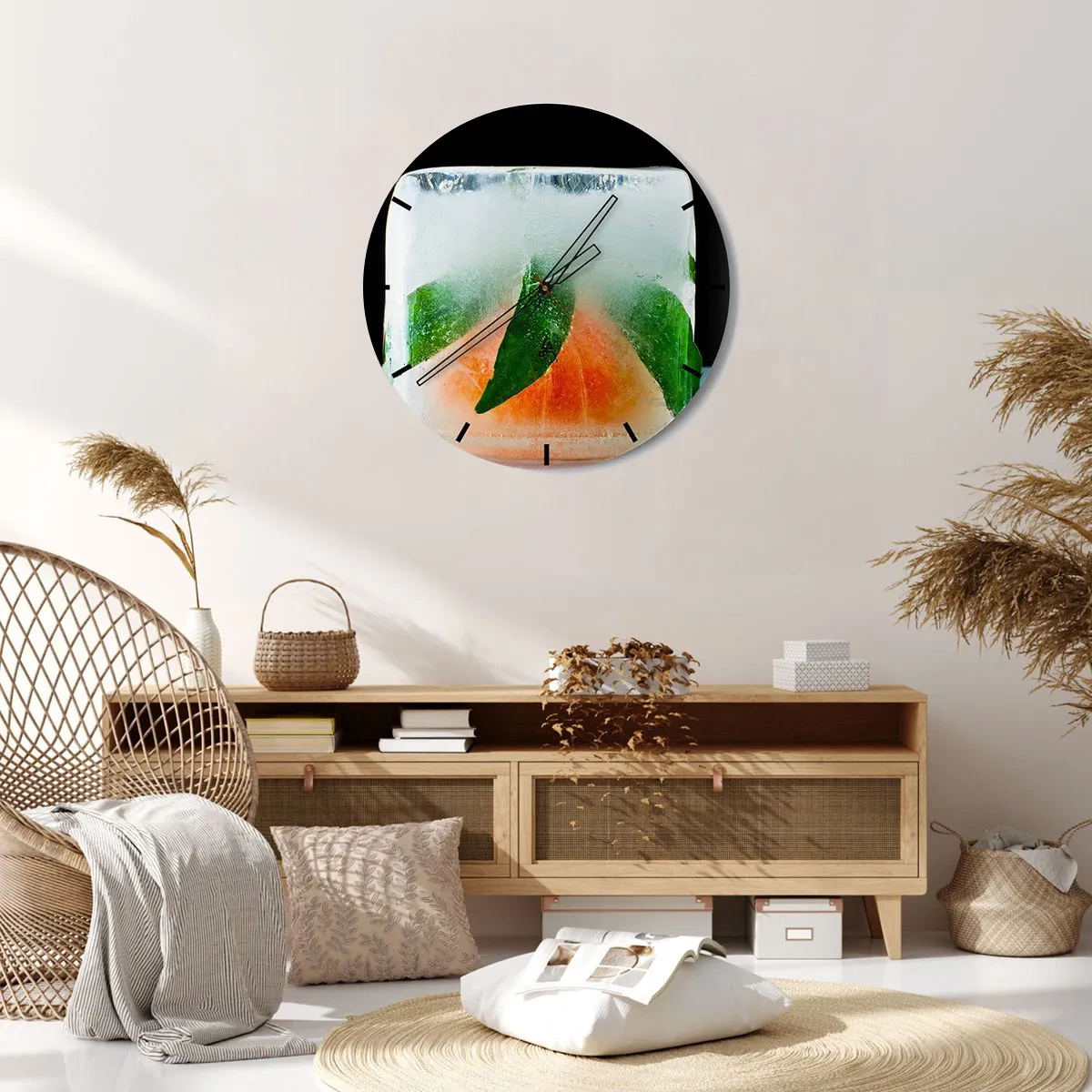 Horloge murale - Pendule murale - Un glaçon avec des feuilles de menthe et une tranche de pamplemousse à l'intérieur - 30x30cm - Fraîcheur et rafraîchissement - Décoration murale moderne pour le salon, la cuisine et la chambre ARTTOR