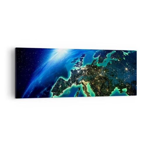 Impression sur toile - Image sur toile - Une vue d'Europe depuis l'espace à la lueur du soleil levant. - 140x50cm - Europe pétillante - Décoration murale moderne pour le salon et la chambre ARTTOR