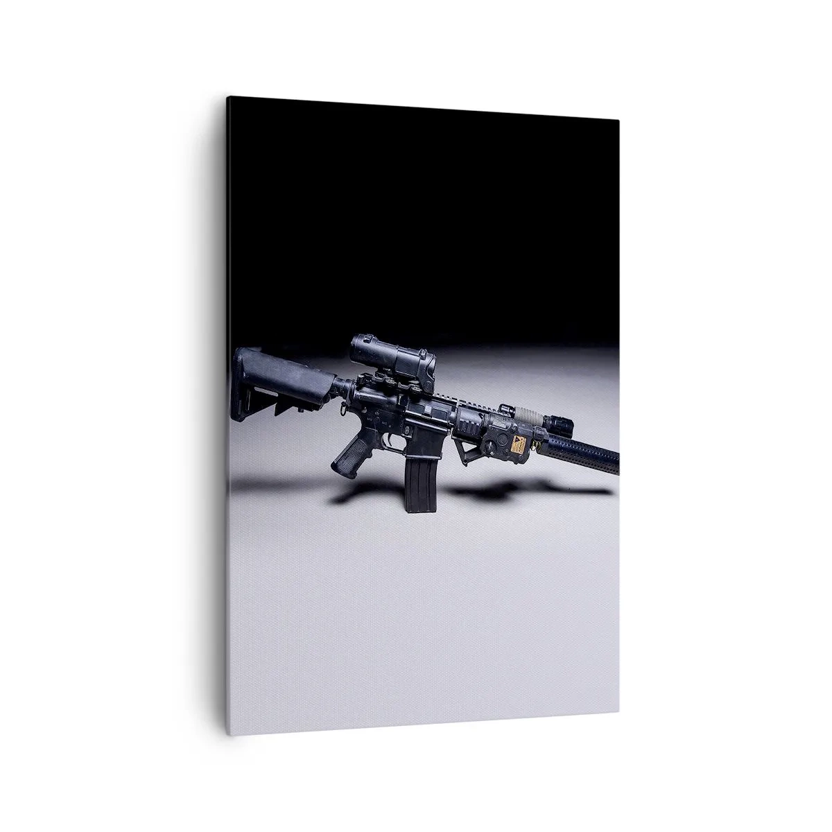 Impression sur toile - Image sur toile - Un fusil moderne en noir sur fond sombre - 70x100cm - Chevalier ténébreux - Décoration murale moderne pour le salon et la chambre ARTTOR