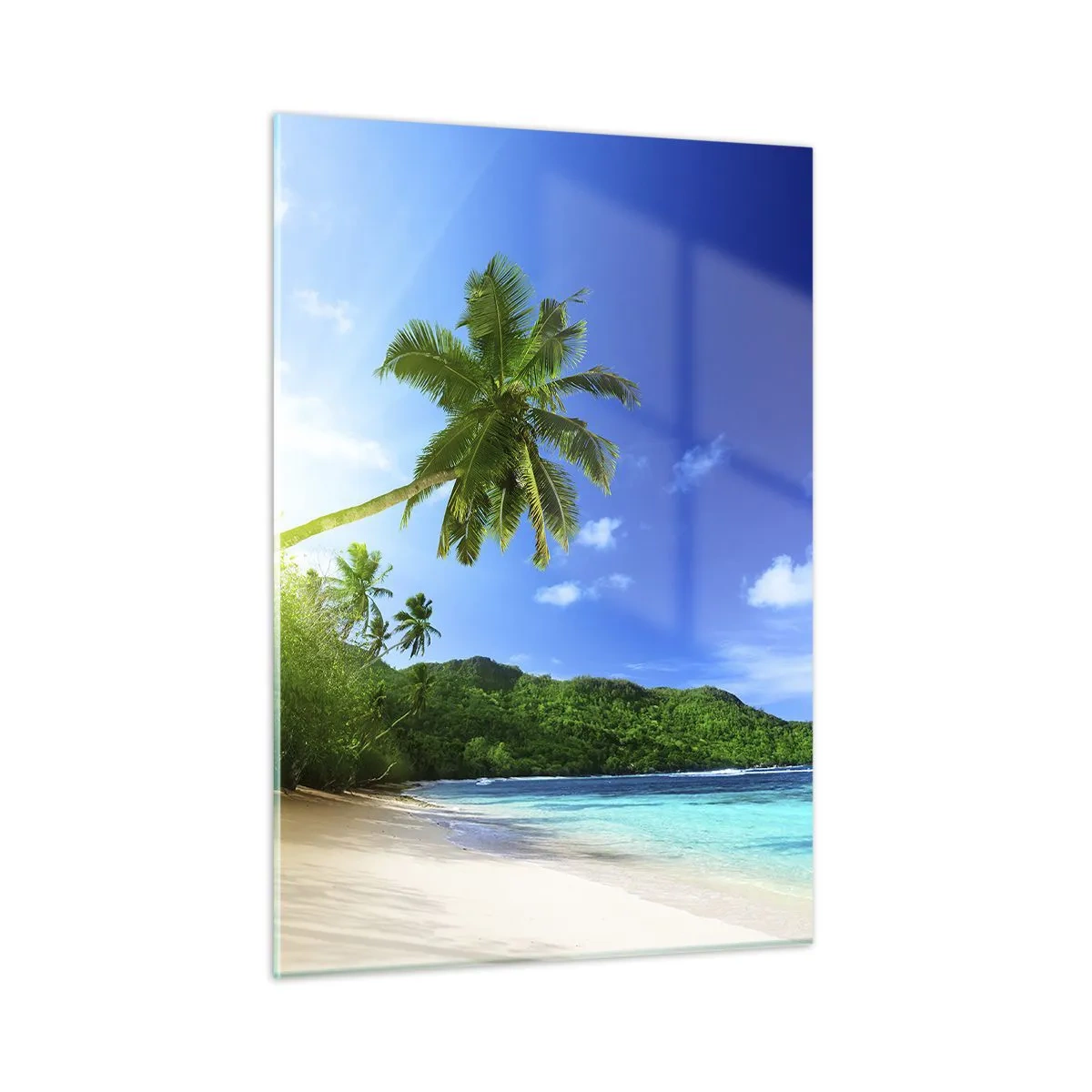 Impression sur verre - Image sur verre - Plage tropicale avec palmiers et eau cristalline - 50x70cm - La douceur des tropiques - Décoration murale moderne pour le salon et la chambre ARTTOR