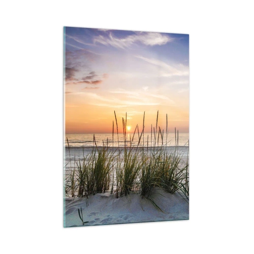 Impression sur verre - Image sur verre - Coucher de soleil sur une plage herbeuse - 50x70cm - Regarde, pense, ressent - Décoration murale moderne pour le salon et la chambre ARTTOR