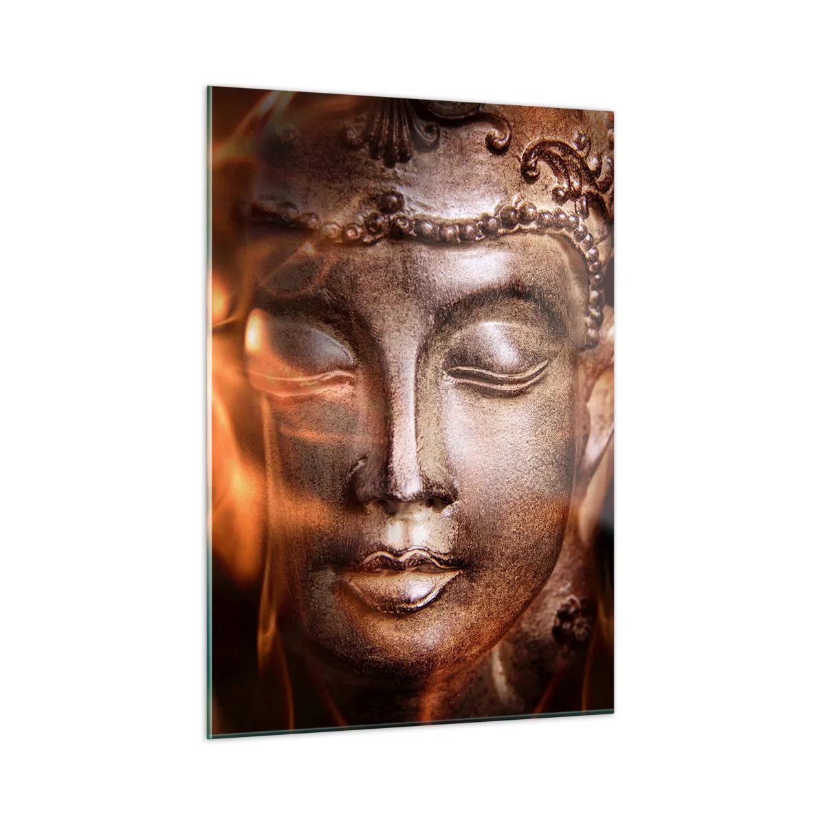 Impression sur verre - Image sur verre - Le visage brumeux du Bouddha dans des tons chauds d'or et de marron - 50x70cm - Il n'existe qu'ici et maintenant - Décoration murale moderne pour le salon et la chambre ARTTOR