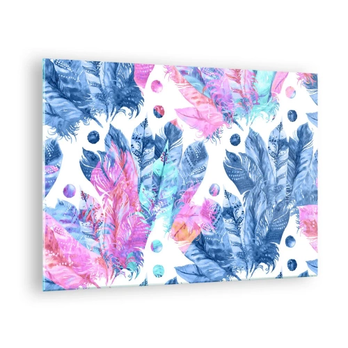 Impression sur verre - Image sur verre - Plumes colorées dans des tons de rose et de bleu sur fond blanc - 70x50cm - Plumes en rose et bleu - Décoration murale moderne pour le salon et la chambre ARTTOR