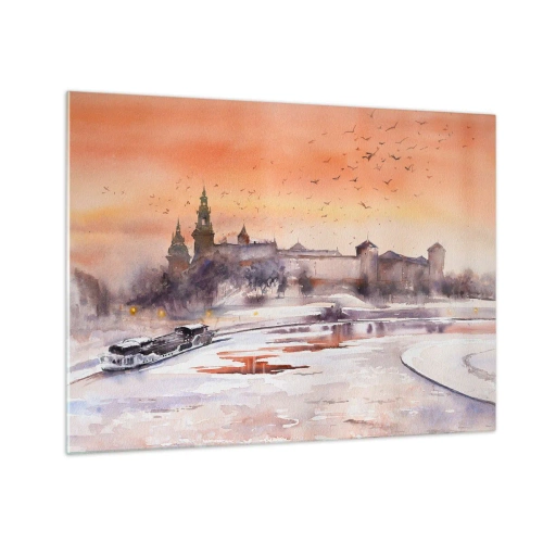 Impression sur verre - Image sur verre - Coucher de soleil sur le château royal et la rivière en hiver - 70x50cm - Coucher de soleil royal - Décoration murale moderne pour le salon et la chambre ARTTOR