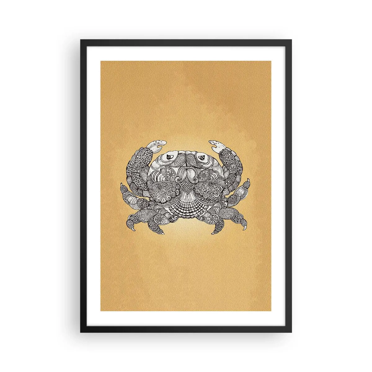 Affiche dans un cadre noir - Poster - Illustration décorative d'un crabe avec un motif délicat sur un fond doré - 50x70cm - Les contes de M. Crabe - Décoration murale moderne pour le salon et la chambre ARTTOR