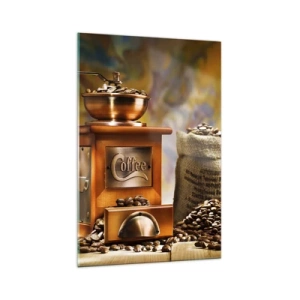 Impression sur verre - Image sur verre - Moulin à café avec des grains et une tasse en arrière-plan - 70x100cm - Le craquement des grains, le cliquetis d'un moulin - Décoration murale moderne pour le salon et la chambre ARTTOR