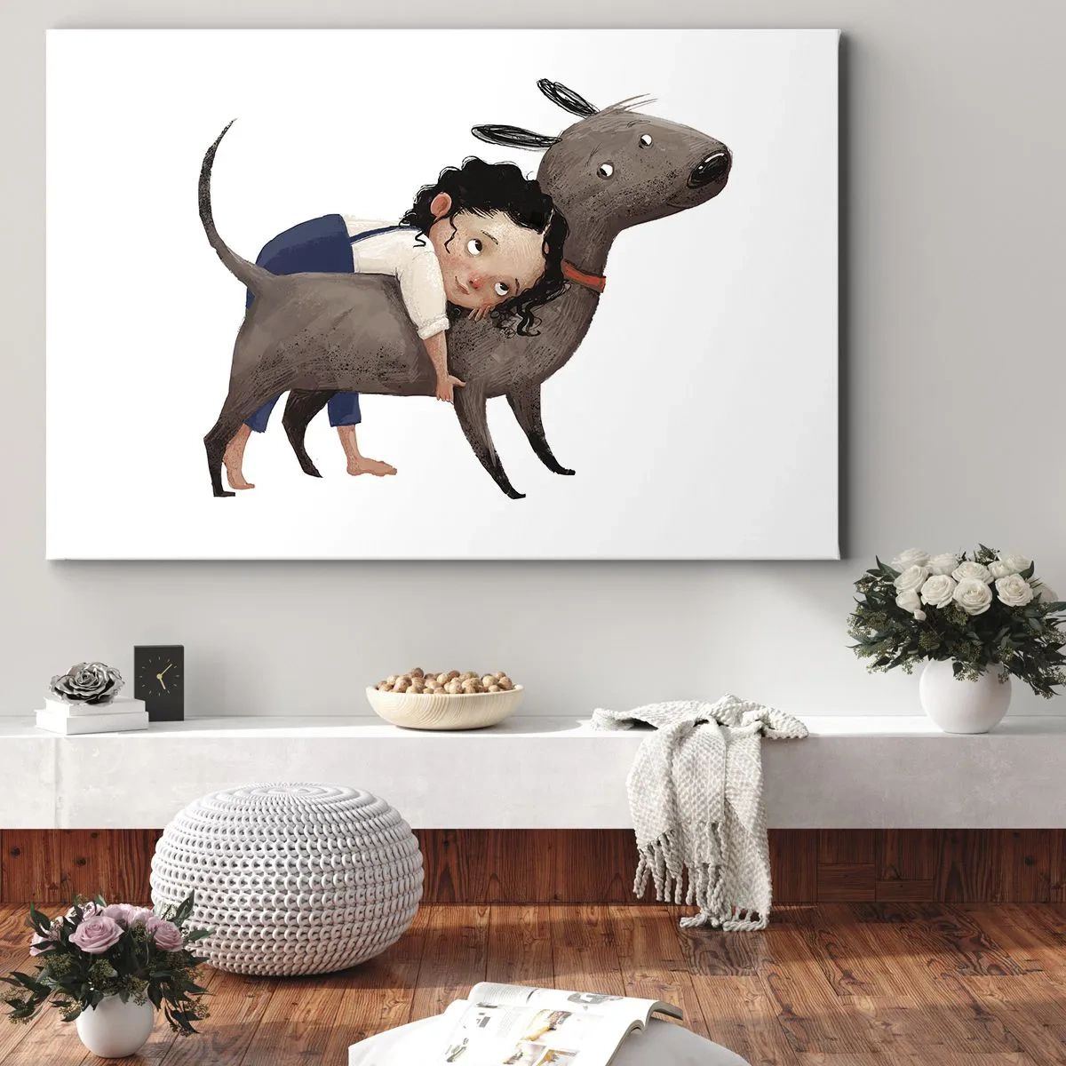 Impression sur toile - Image sur toile - Illustration de style dessin animé d'un enfant serrant un chien dans ses bras - 120x80cm - Les meilleurs amis - Décoration murale moderne pour le salon et la chambre ARTTOR