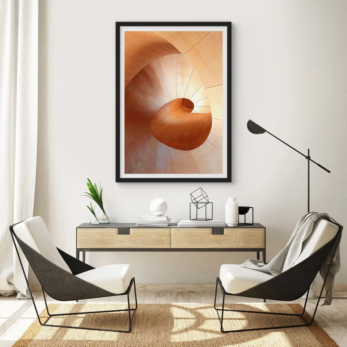 Affiche dans un cadre noir - Poster - Structure en spirale en bois avec une teinte dorée - 50x70cm - Serpentin architectural - Décoration murale moderne pour le salon et la chambre ARTTOR