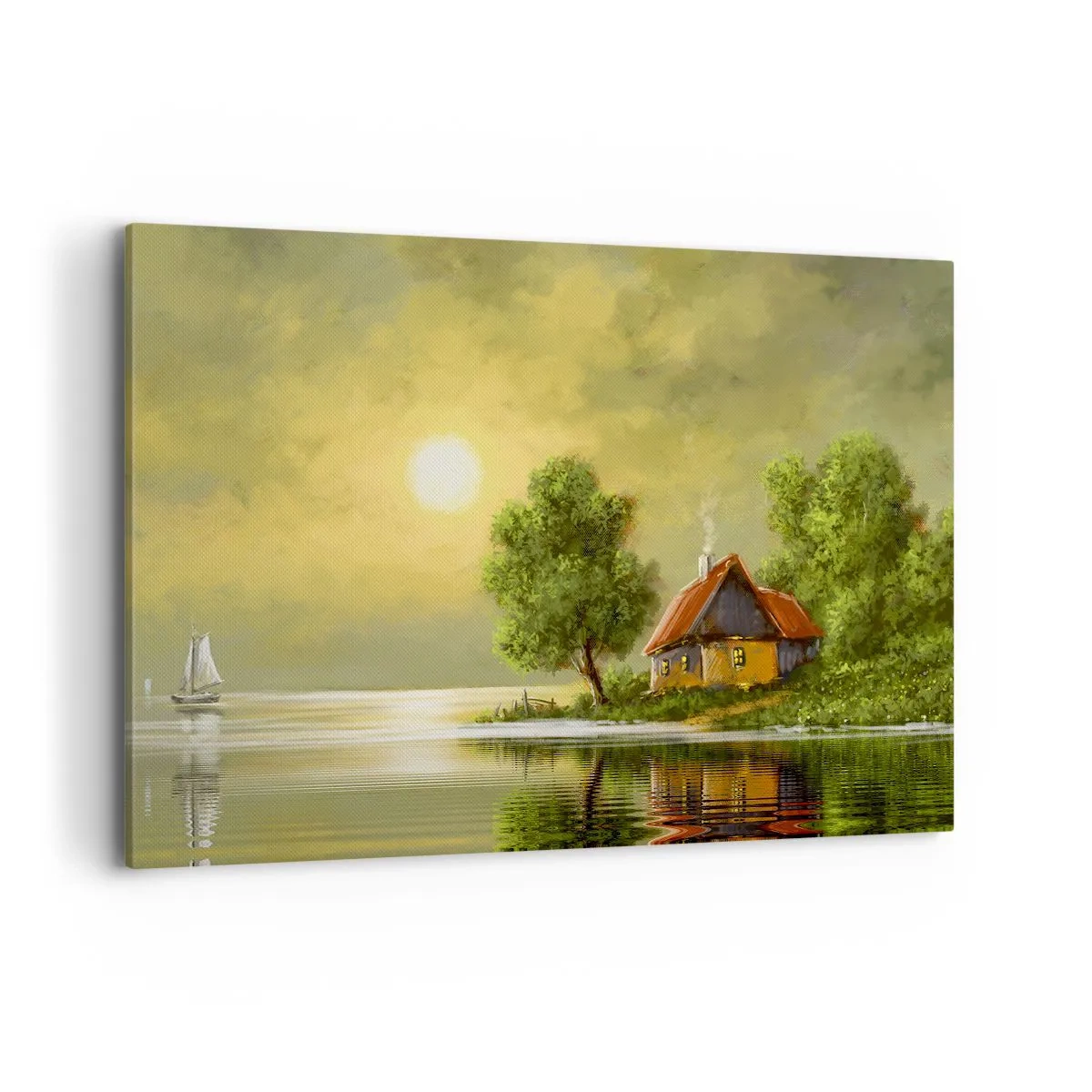 Impression sur toile - Image sur toile - Maison au bord du lac dans la lumière du coucher du soleil - 100x70cm - Beau, comme une image - Décoration murale moderne pour le salon et la chambre ARTTOR