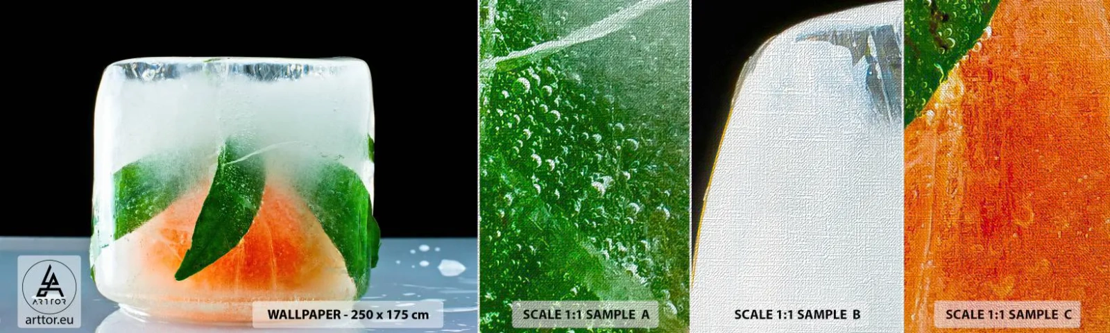 Échantillon de Papier Peint Premium Canvas - Fraîcheur et rafraîchissement - Glaçon, Orange, Feuille de menthe - 100x30 cm