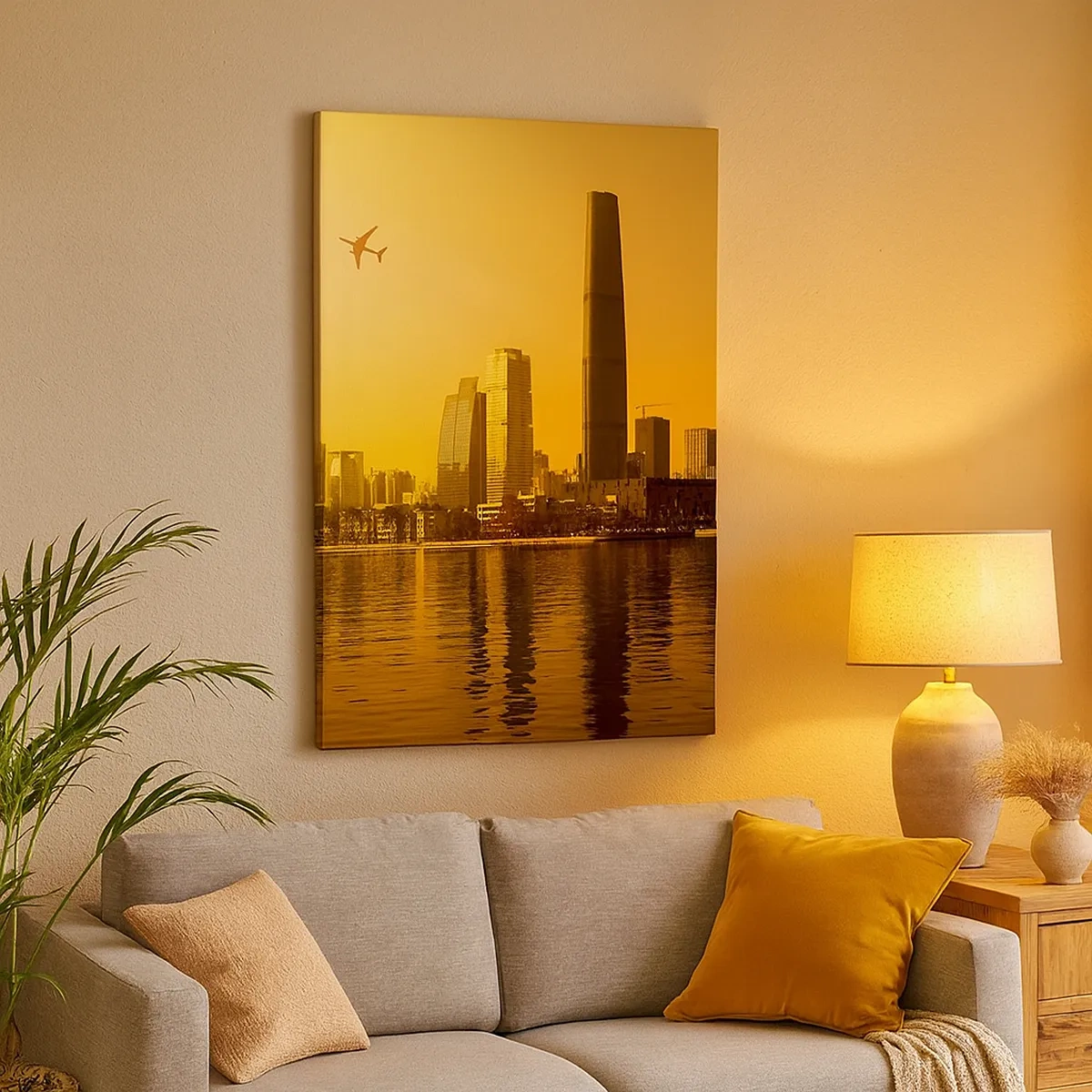 Impression sur toile - Image sur toile - Panorama de la ville au coucher du soleil avec des gratte-ciels et un avion - 50x70cm - La ville en or - Décoration murale moderne pour le salon et la chambre ARTTOR
