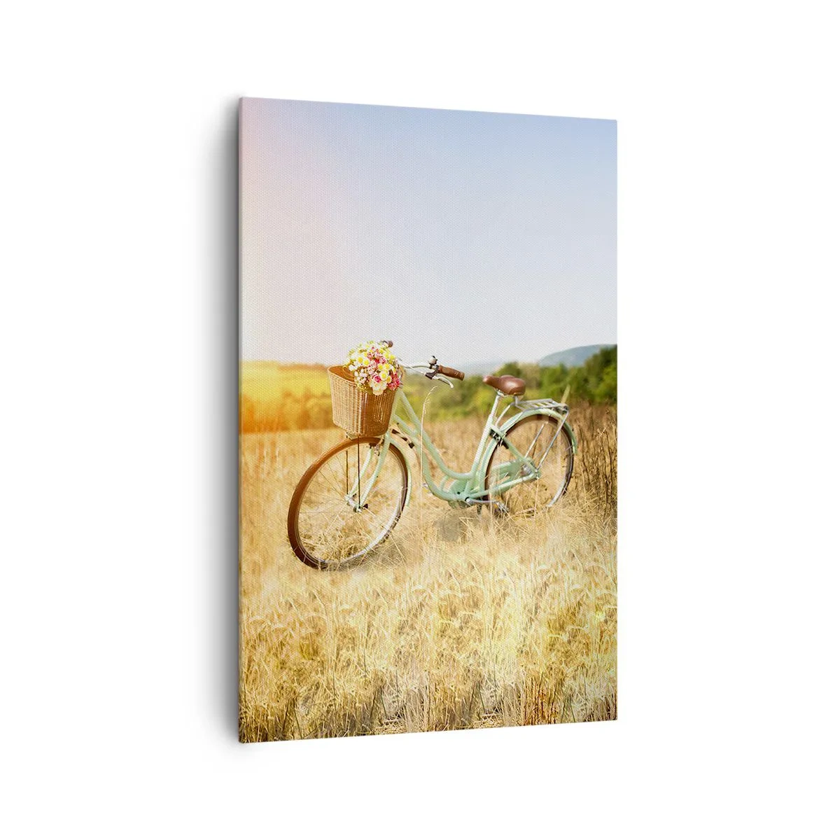 Impression sur toile - Image sur toile - Un vélo rétro avec un panier rempli de fleurs sur fond de prairie. - 80x120cm - Je vais rester un petit moment - Décoration murale moderne pour le salon et la chambre ARTTOR