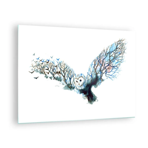 Impression sur verre - Image sur verre - Illustration d'un hibou avec des branches à la place des ailes - 70x50cm - Sur les ailes de la forêt - Décoration murale moderne pour le salon et la chambre ARTTOR