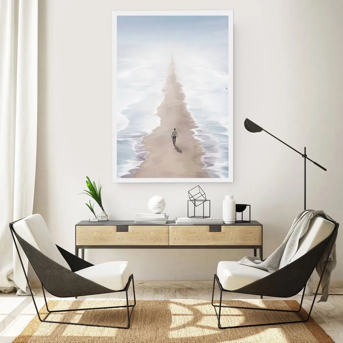 Affiche - Poster - Une silhouette marche seule le long d'un chemin parmi des eaux calmes. - 50x70cm - Un brillant avenir - Décoration murale moderne pour le salon et la chambre ARTTOR