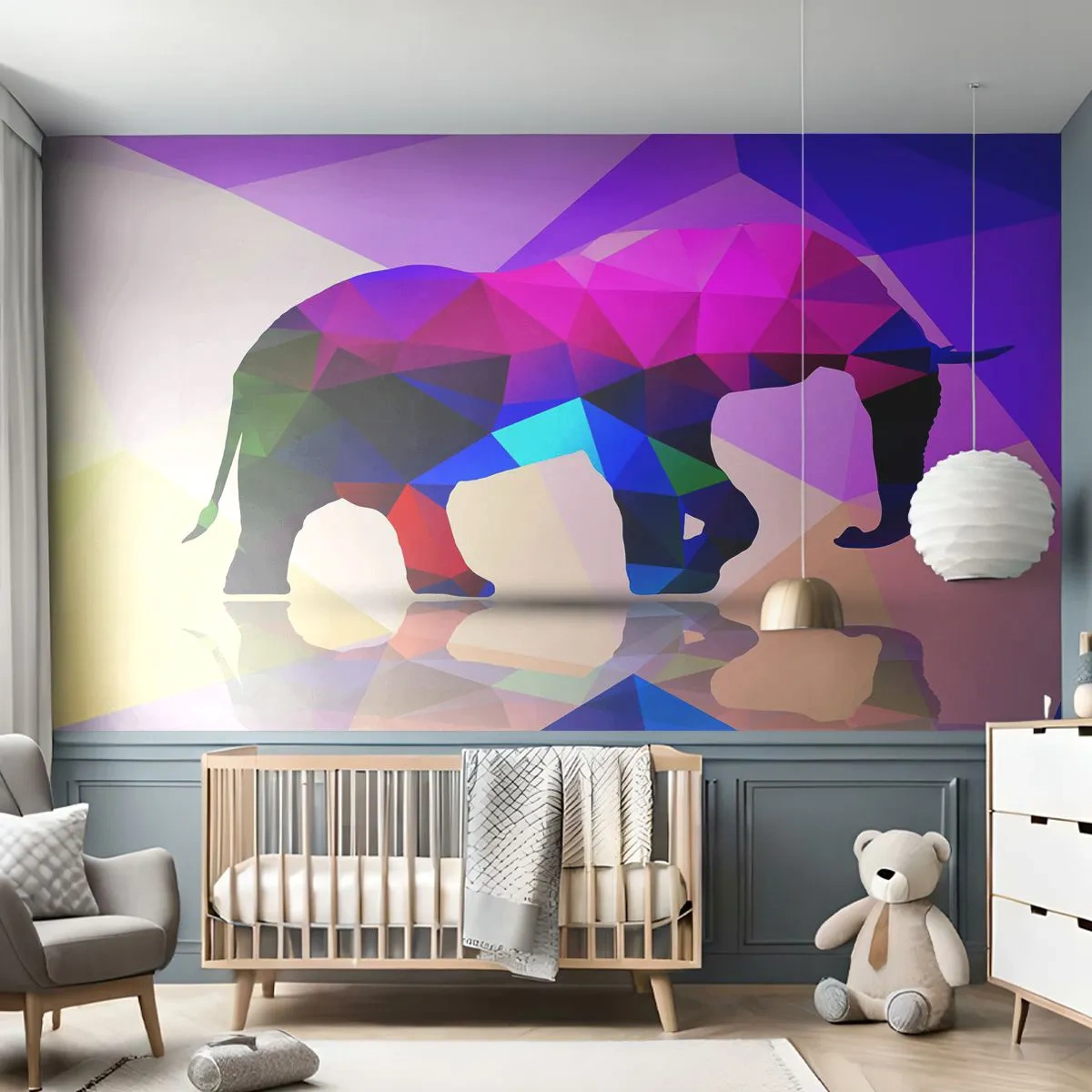 Papier Peint Photo Premium Sand - Éléphant géométrique coloré sur un fond abstrait - 100x70cm - Dinosaure en cristal - Décoration murale moderne pour le salon et la chambre ARTTOR