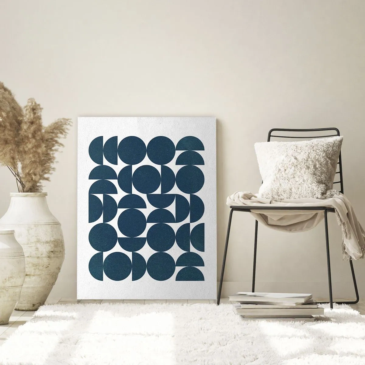 Impression sur verre - Image sur verre - Formes géométriques dans des tons bleu marine sur fond blanc - 70x100cm - Cercles et demi-cercles - Décoration murale moderne pour le salon et la chambre ARTTOR