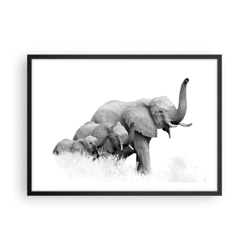Affiche dans un cadre noir - Poster - Une famille d'éléphants sur fond de paysage africain en noir et blanc. - 70x50cm - Un, deux, trois - Décoration murale moderne pour le salon et la chambre ARTTOR