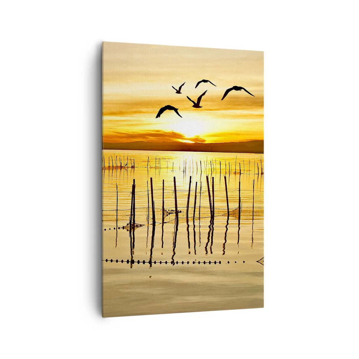 Impression sur toile - Image sur toile - Coucher de soleil sur l'eau avec des oiseaux en vol - 80x120cm - À la pêche - Décoration murale moderne pour le salon et la chambre ARTTOR