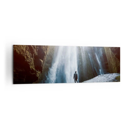 Impression sur toile - Image sur toile - Une silhouette sur fond de cascade majestueuse dans une gorge rocheuse - 160x50cm - Restauration des proportions - Décoration murale moderne pour le salon et la chambre ARTTOR