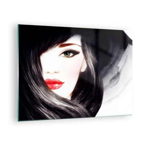 Impression sur verre - Image sur verre - Portrait d'une femme aux cheveux noirs et aux lèvres rouges expressives - 70x50cm - Aspect saphir - Décoration murale moderne pour le salon et la chambre ARTTOR