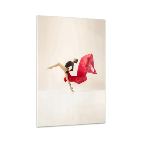 Impression sur verre - Image sur verre - Une danseuse dynamique en tenue noire et tissu rouge en mouvement. - 70x100cm - Rouge et noir - Décoration murale moderne pour le salon et la chambre ARTTOR