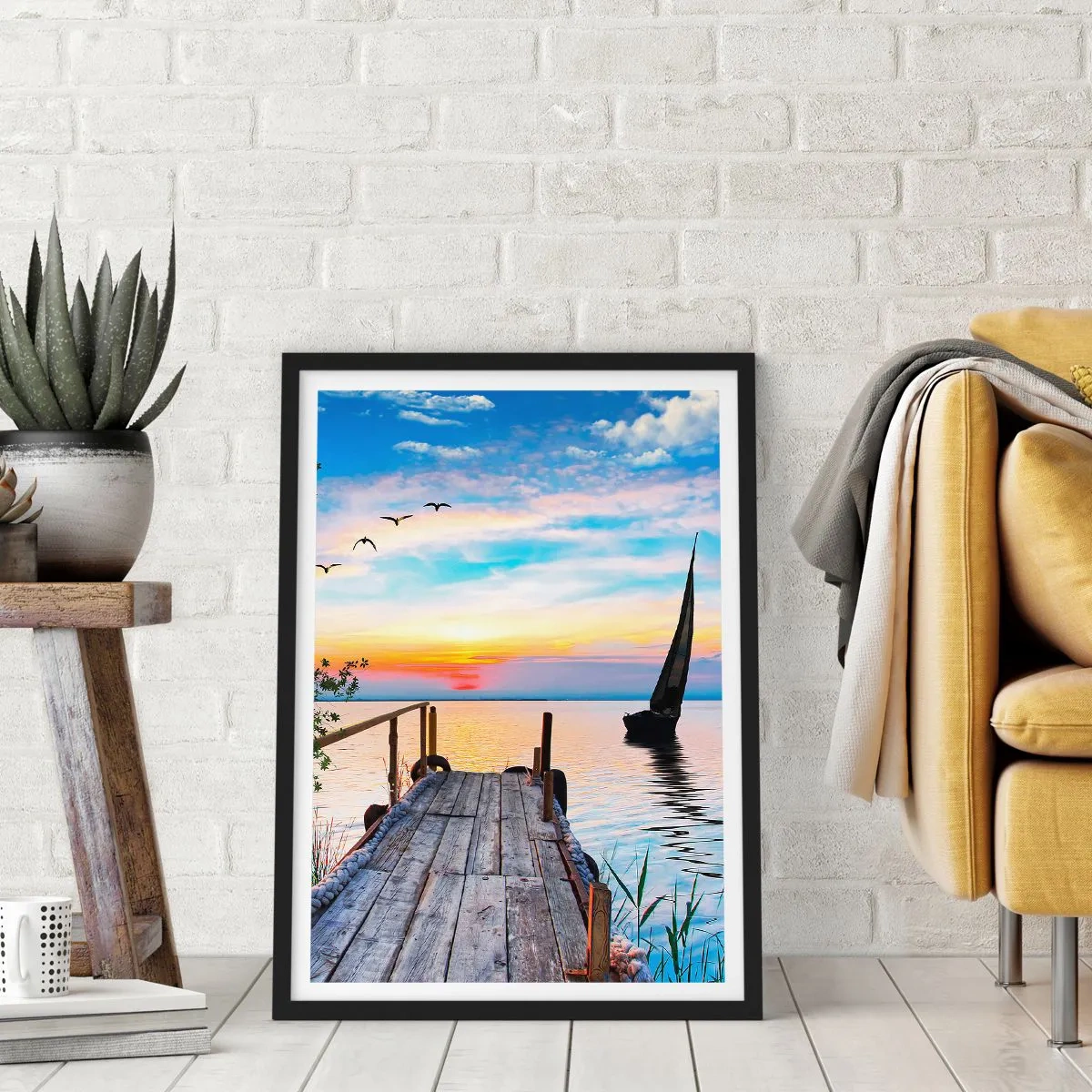 Affiche dans un cadre noir - Poster - Jetée au bord du lac au coucher du soleil - 50x70cm - Bonsoir! - Décoration murale moderne pour le salon et la chambre ARTTOR