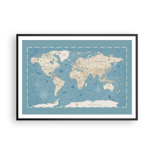 Affiche dans un cadre noir - Poster - Carte du monde décorative dans les tons bleu et beige - 100x70cm - Le monde à porter de main - Décoration murale moderne pour le salon et la chambre ARTTOR