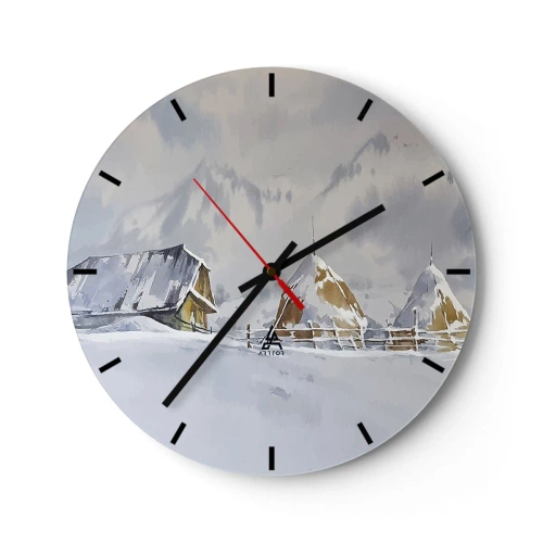 Horloge murale - Pendule murale - Paysage d'hiver avec un chalet et des meules de foin dans la neige - 30x30cm - Dans une vallée enneigée - Décoration murale moderne pour le salon, la cuisine et la chambre ARTTOR