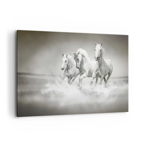 Impression sur toile - Image sur toile - Trois chevaux blancs galopant dans l'eau - 120x80cm - La folie blanche - Décoration murale moderne pour le salon et la chambre ARTTOR