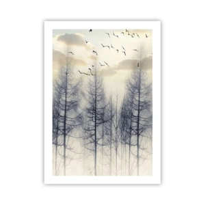 Affiche - Poster - Une forêt brumeuse avec de grands arbres et des oiseaux volants le matin - 50x70cm - L'âme de la forêt - Décoration murale moderne pour le salon et la chambre ARTTOR