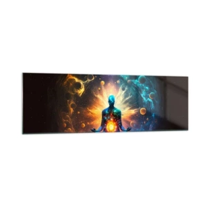 Impression sur verre - Image sur verre - Une figure en méditation entourée d'une aura cosmique - 160x50cm - Paix cosmique - Décoration murale moderne pour le salon et la chambre ARTTOR