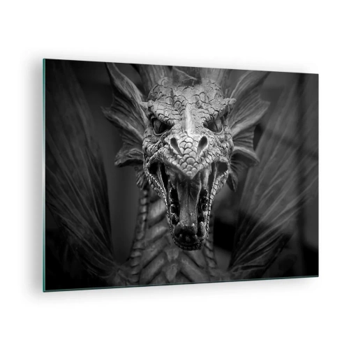 Impression sur verre - Image sur verre - Portrait détaillé d'un dragon en noir et blanc - 70x50cm - Un dragon imaginaire grisâtre - Décoration murale moderne pour le salon et la chambre ARTTOR