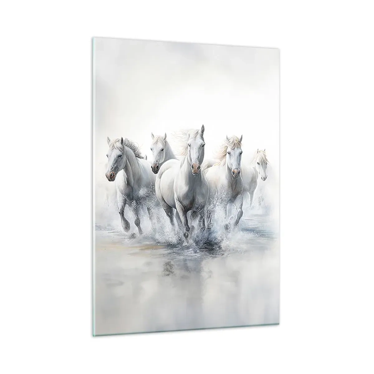 Impression sur verre - Image sur verre - Chevaux blancs galopant dans l'eau dans une composition dynamique - 50x70cm - Magie blanche - Décoration murale moderne pour le salon et la chambre ARTTOR
