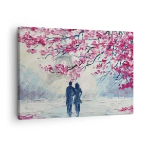 Impression sur toile - Image sur toile - Un couple sous des arbres roses en fleurs dans un cadre romantique - 70x50cm - Ballade romantique - Décoration murale moderne pour le salon et la chambre ARTTOR