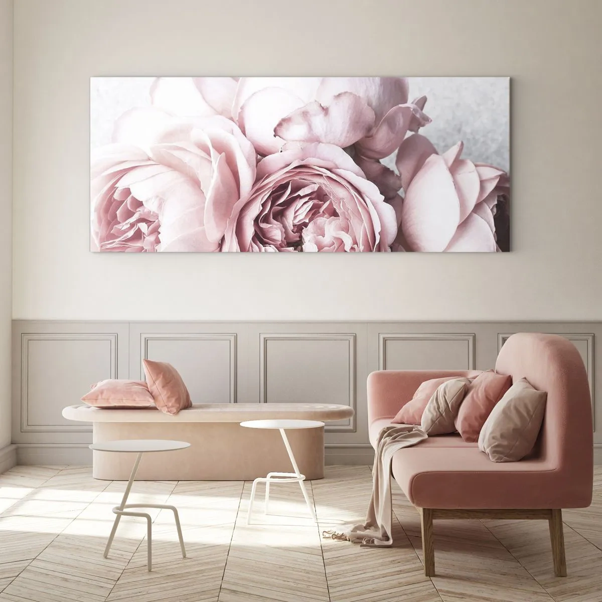 Impression sur verre - Image sur verre - Pivoines roses dans une lumière douce sur un fond clair - 160x50cm - Pour les romantiques - Décoration murale moderne pour le salon et la chambre ARTTOR