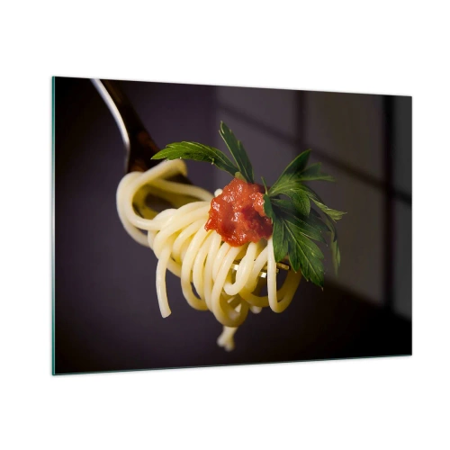 Impression sur verre - Image sur verre - Spaghettis à la fourchette avec sauce tomate - 100x70cm - Une bouchée savoureuse - Décoration murale moderne pour le salon et la chambre ARTTOR