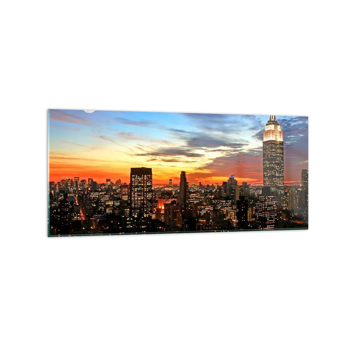 Impression sur verre - Image sur verre - Panorama de la ville avec des gratte-ciel illuminés au crépuscule - 120x50cm - Nuit américaine lumineuse - Décoration murale moderne pour le salon et la chambre ARTTOR