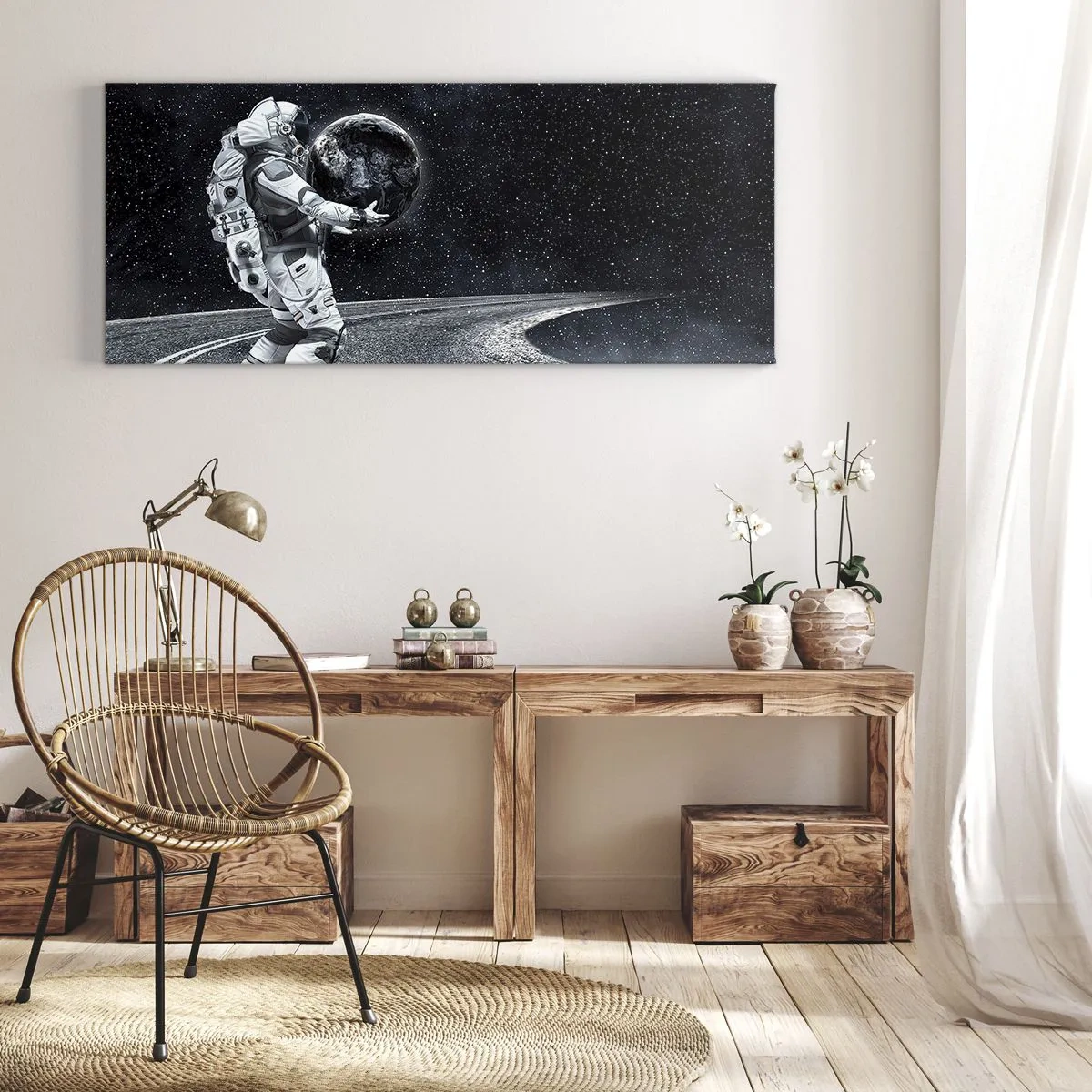 Impression sur toile - Image sur toile - Astronaute avec la Terre contre le ciel étoilé - 120x50cm - Sur la Voie Lactée - Décoration murale moderne pour le salon et la chambre ARTTOR