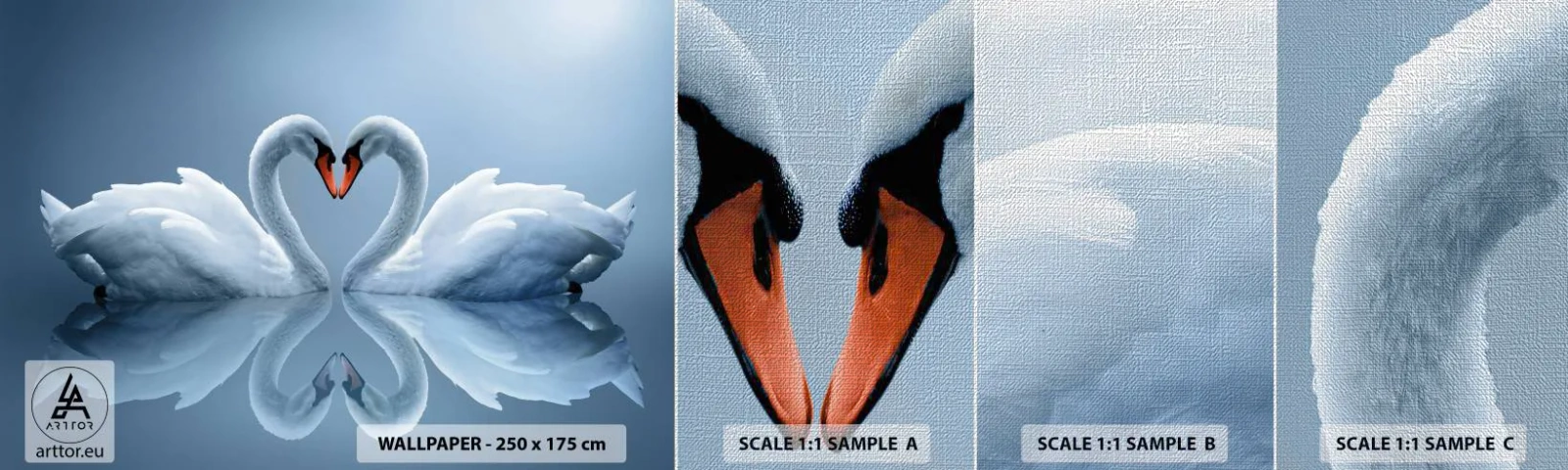 Échantillon de Papier Peint Premium Canvas - Le temps de l'amour - Cygnes, Amour, Cœur - 100x30 cm