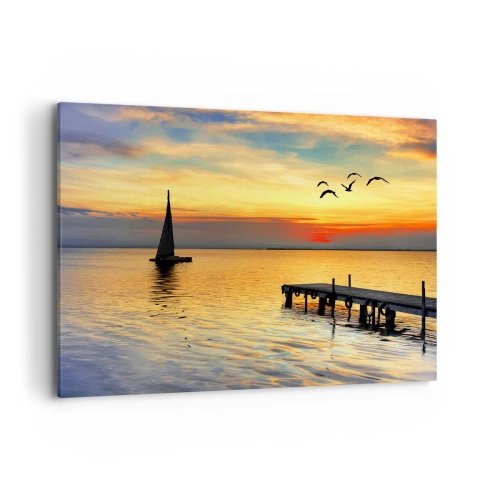 Impression sur toile - Image sur toile - Coucher de soleil avec un voilier et une jetée sur un lac calme - 100x70cm - Le soir revient - Décoration murale moderne pour le salon et la chambre ARTTOR