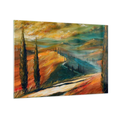 Impression sur verre - Image sur verre - Coucher de soleil sur une colline toscane - 100x70cm - paysage toscan - Décoration murale moderne pour le salon et la chambre ARTTOR