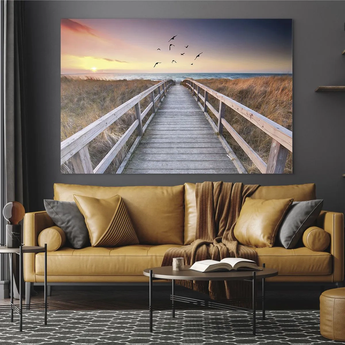 Impression sur verre - Image sur verre - Une passerelle en bois sur les dunes menant à la plage au coucher du soleil - 120x80cm - Envol des espaces - Décoration murale moderne pour le salon et la chambre ARTTOR